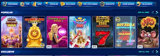 Selection of casino games available at Bassbet: slots, roulette, blackjack